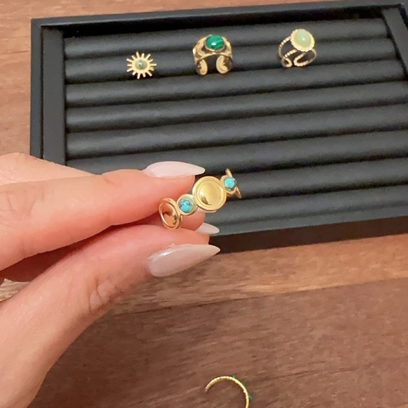 18K Gold Plated Emerald Green Vintage Adjustable Ring Set 7PCS Statement - Picture 5 of 15